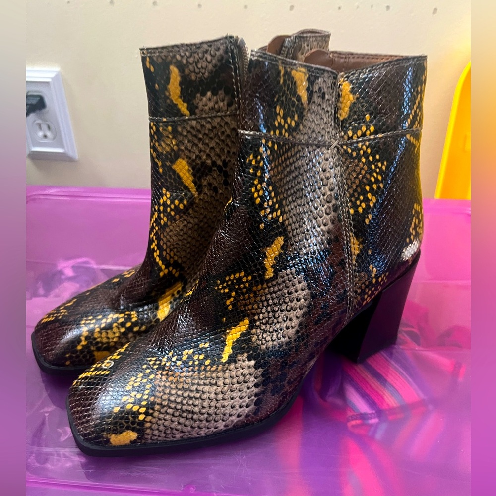 Franco Sarto brown snakeskin short boots with block heel